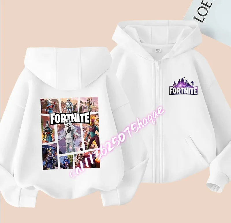 Casaco Outdoor Infantil Cartoon FORTNITED para Rapariga e Rapaz, Sweatshirt com Fecho, Corta-Vento Fino de Alta Qualidade para Outono, Peça Superior de Vestuário