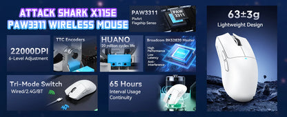 Ratón gaming inalámbrico ATTACK SHARK X11SE, trimodo, superligero de 63g con sensor PAW3311, 22000 DPI, batería de 300mAh, doble controlador