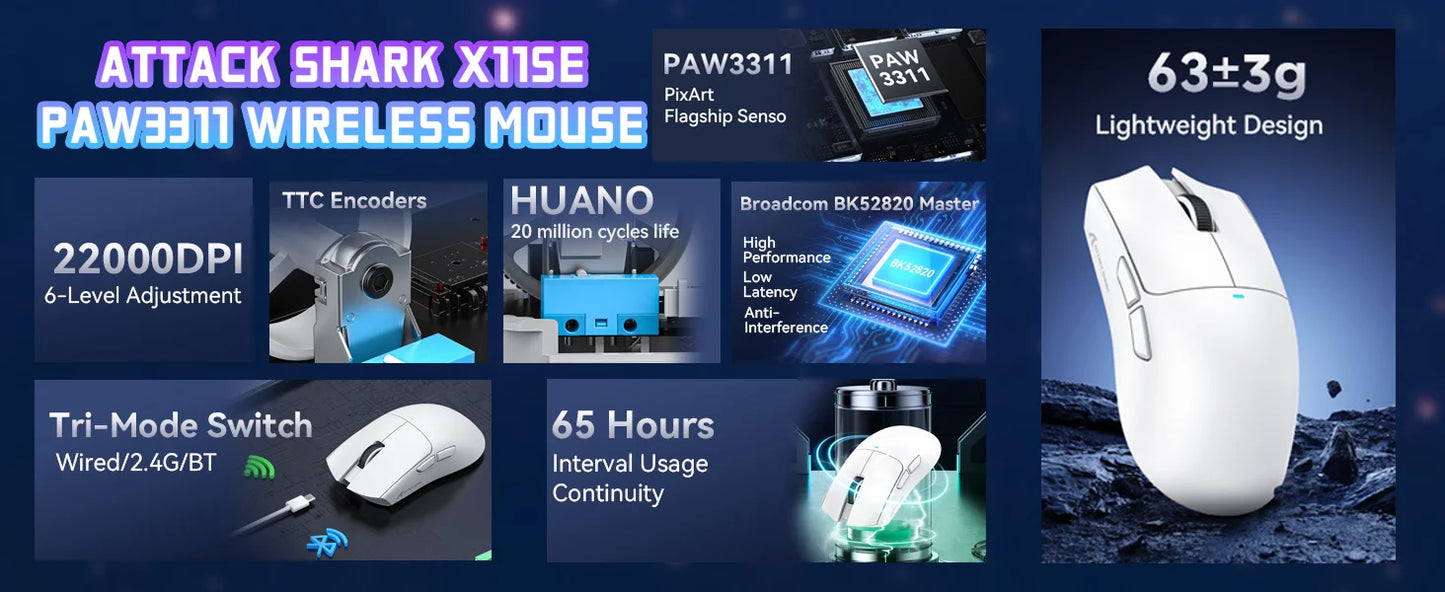 Rato Gaming Sem Fios ATTACK SHARK X11SE, Tri-Mode, Superleve de 63g com Sensor PAW3311, 22000 DPI, Bateria de 300mAh, Duplo Driver