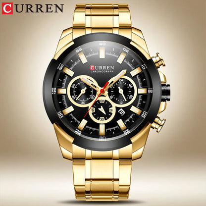 CURREN férfi kronográf óra, 48 mm-es nagy számlap, rozsdamentes acél karkötő, három kis számlap, kvarc sportkaróra, luxus stílus