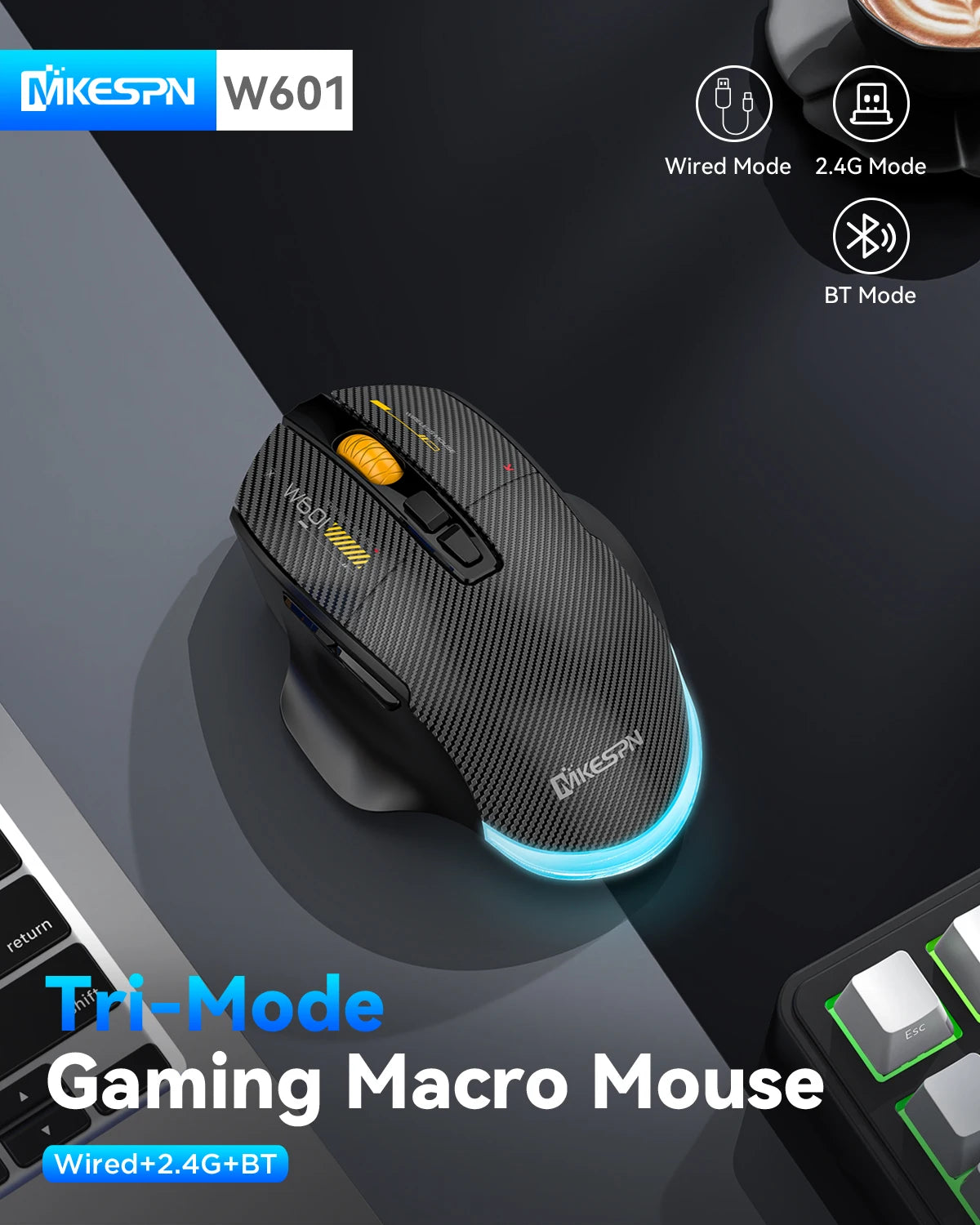 Mouse gaming tri-mode 12800DPI 2.4G Wireless Bluetooth cablato in fibra di carbonio, pulsante silenzioso, programmazione macro, 500mAh, 7 tasti