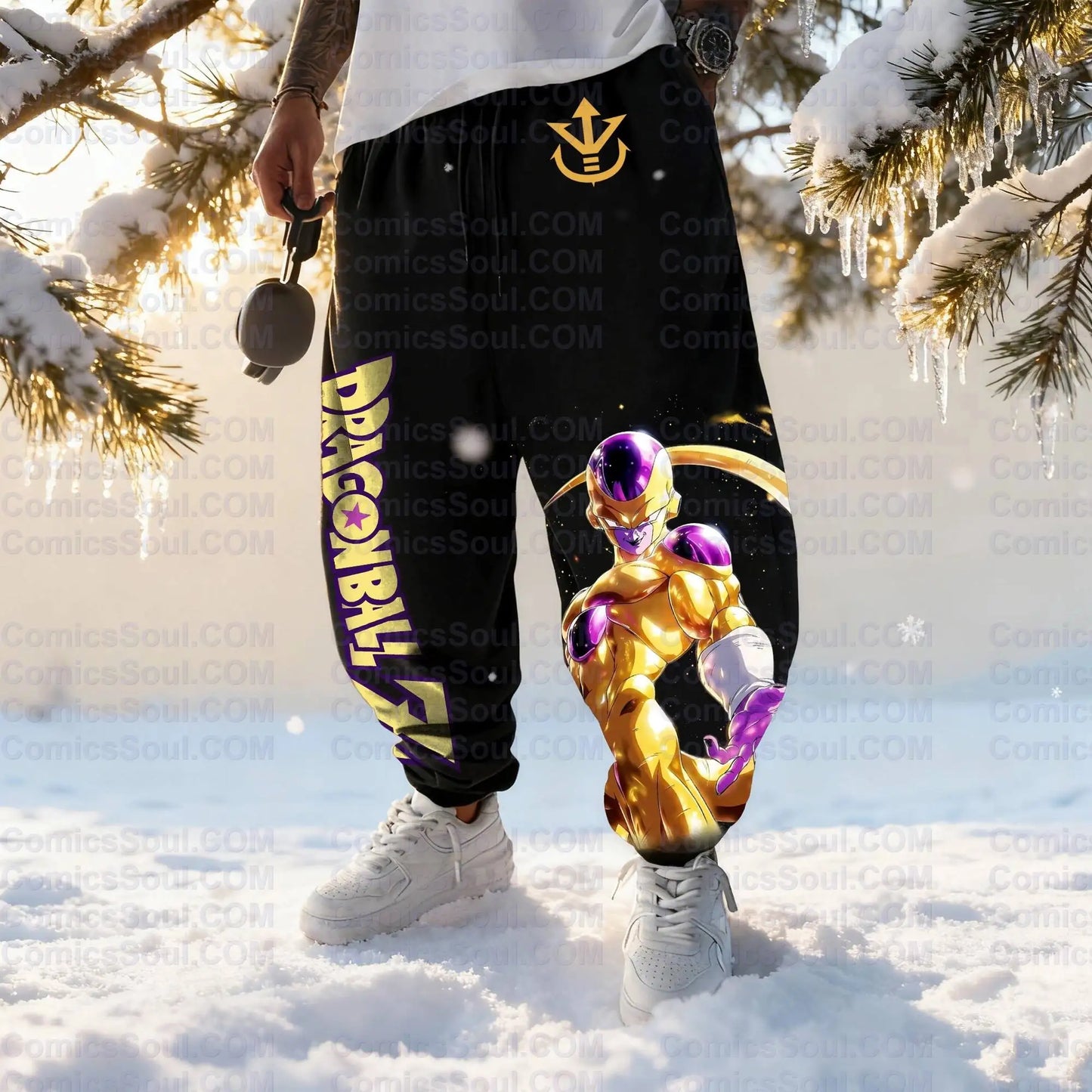 Conjunto de sweatshirt com capuz preta Dragon Ball Z Frieza Forma Dourada, estampado nas costas com efeito de energia roxa, sweatshirt de algodão com design de logótipo M