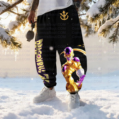 Conjunto de sweatshirt com capuz preta Dragon Ball Z Frieza Forma Dourada, estampado nas costas com efeito de energia roxa, sweatshirt de algodão com design de logótipo M