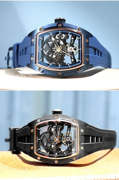 Relógio de pulso automático MEGIR para homem, com bracelete em silicone preto, impermeável, luminoso, desportivo e mecânico, com mostrador tonneau 2242