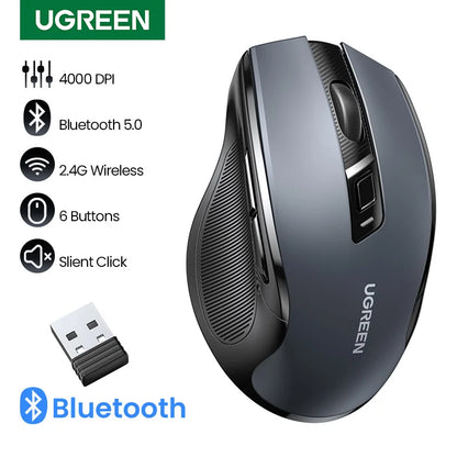Ratón inalámbrico UGREEN Bluetooth 5.0 ergonómico 4000DPI con 6 botones silenciosos para MacBook, tabletas, portátiles, ordenador PC y conexión 2.4G