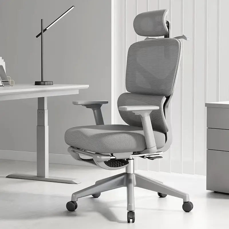 Cadeira de Escritório Ergonómica Ajustável em Malha, Cadeira de Secretária para Computador com Encosto Alto Respirável, Apoio Lombar 6D e Apoio para Pés Retrátil