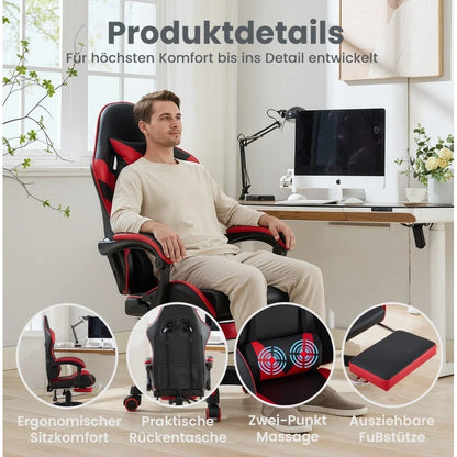 360 ° - Swivel Ergonomic Racing Design Gaming Chair Leather, Headrest and Lumbar Support for Office and Gaming - Black&Red