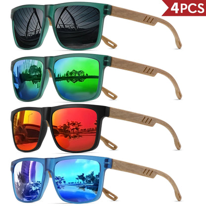 4PCS Wood Grain Spring Hinge Sunglasses - Classic Retro Square Frame, UV400 Unisex Comfort Fit for Daily Casual Wear