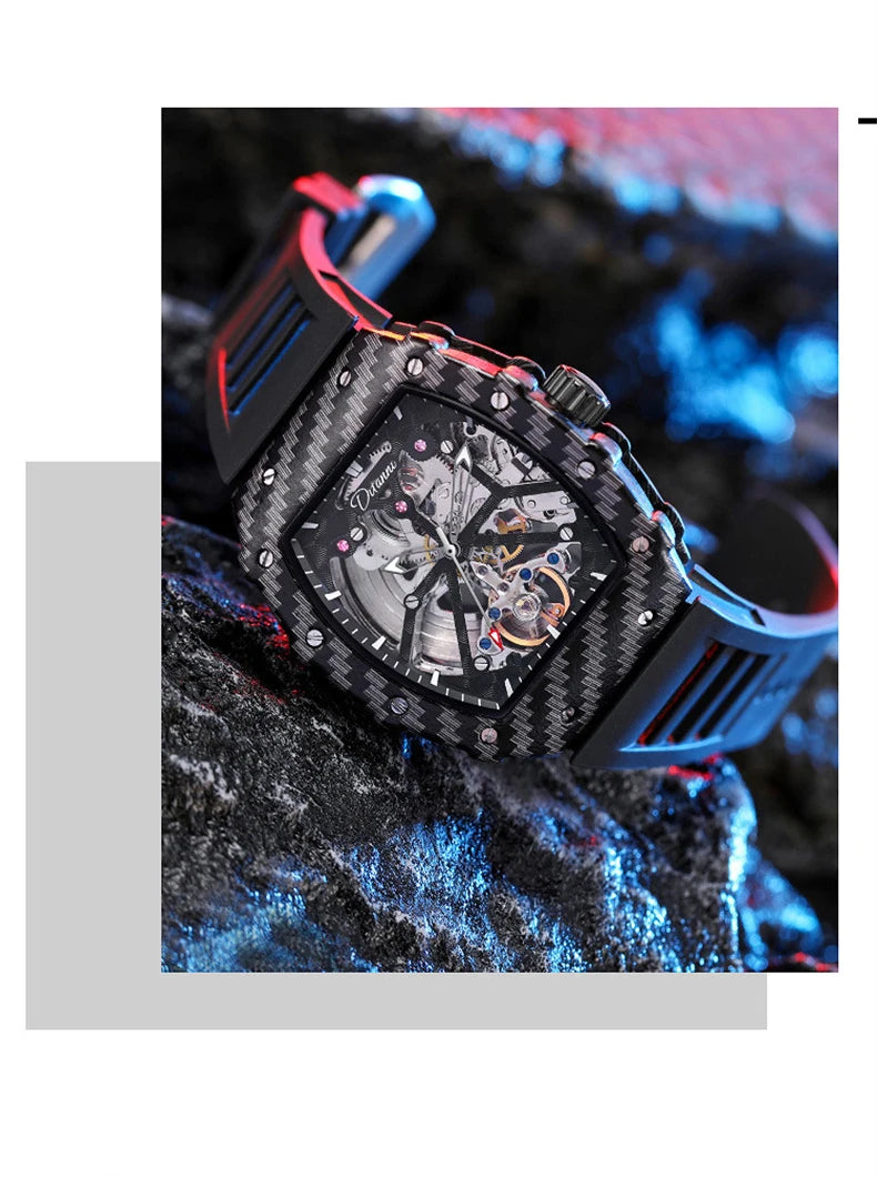 Tourbillion Mechanical Watch for Men Silicone Strap Skeleton Tonneau Automatic Mens Watches Top Brand Luxury Reloj Hombre
