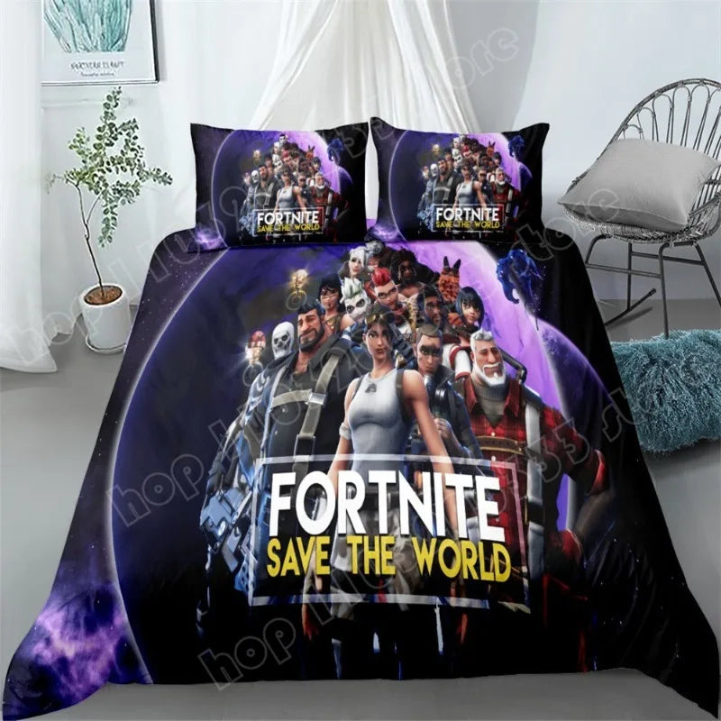 Fortnite-Bettwäsche-Set, 3-teilig, 3D-Druck, Bettwäsche für Schlafzimmer, Gaming-Cartoon-Dekor, Bettbezug und Kissenbezug, Geburtstagsgeschenk