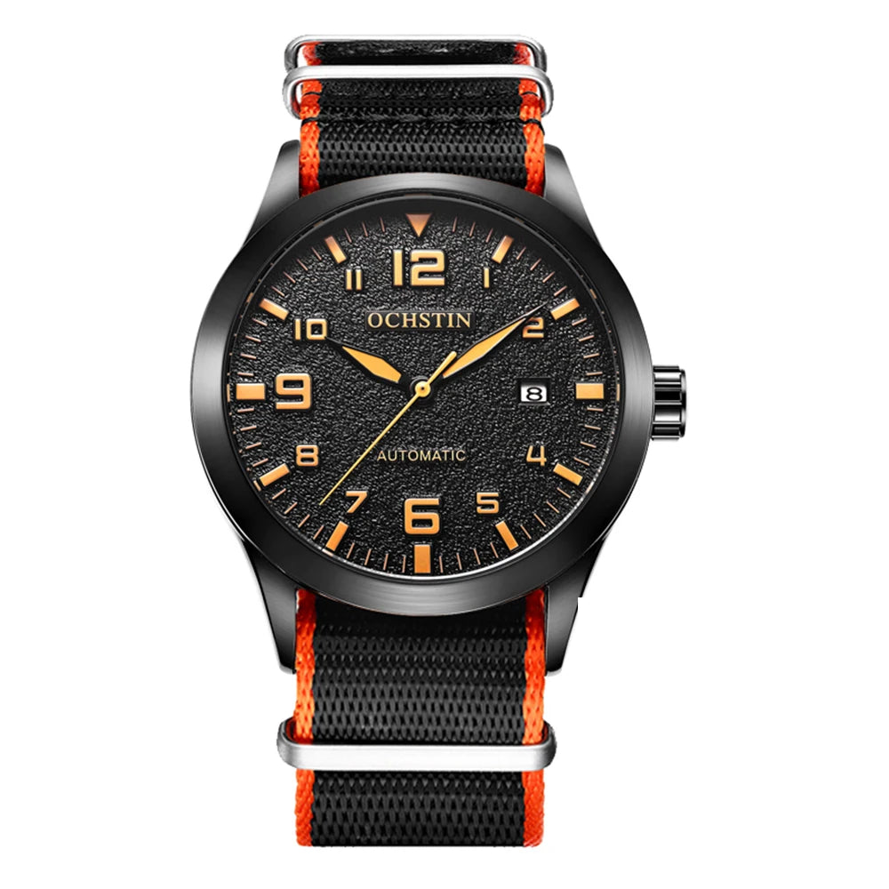 OCHSTIN Mens Fashion Luxury Mechanical Automatic Skeleton Watch Transparent Back Cover Creative Design With Yellow Calendar Dial