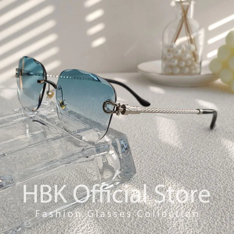 HBK Frameless Metal Sunglasses Men Wave Cutting Sun Glasses for Women Travel Shopping Shades Eyeglass UV400 Summer Style