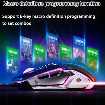Inphic W2 2. Generation USB-kabelgebundene Gaming-Maus mit Silent Click, Metall-Style, 6-Tasten-Makroprogrammierung, 8800DPI