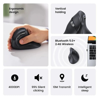 Mouse wireless Bluetooth 5.0 2.4G ergonomico 4000DPI con 6 pulsanti silenziosi per MacBook, tablet, laptop e computer PC