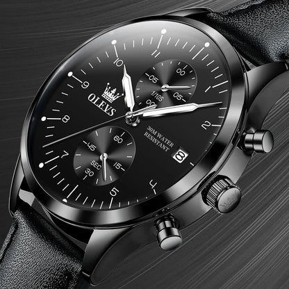 Montre pour homme OLEVS 2880 – Chronographe élégant et épuré, bracelet en cuir, affichage automatique de la date, étanche, aiguilles luminescentes, mouvement à quartz.