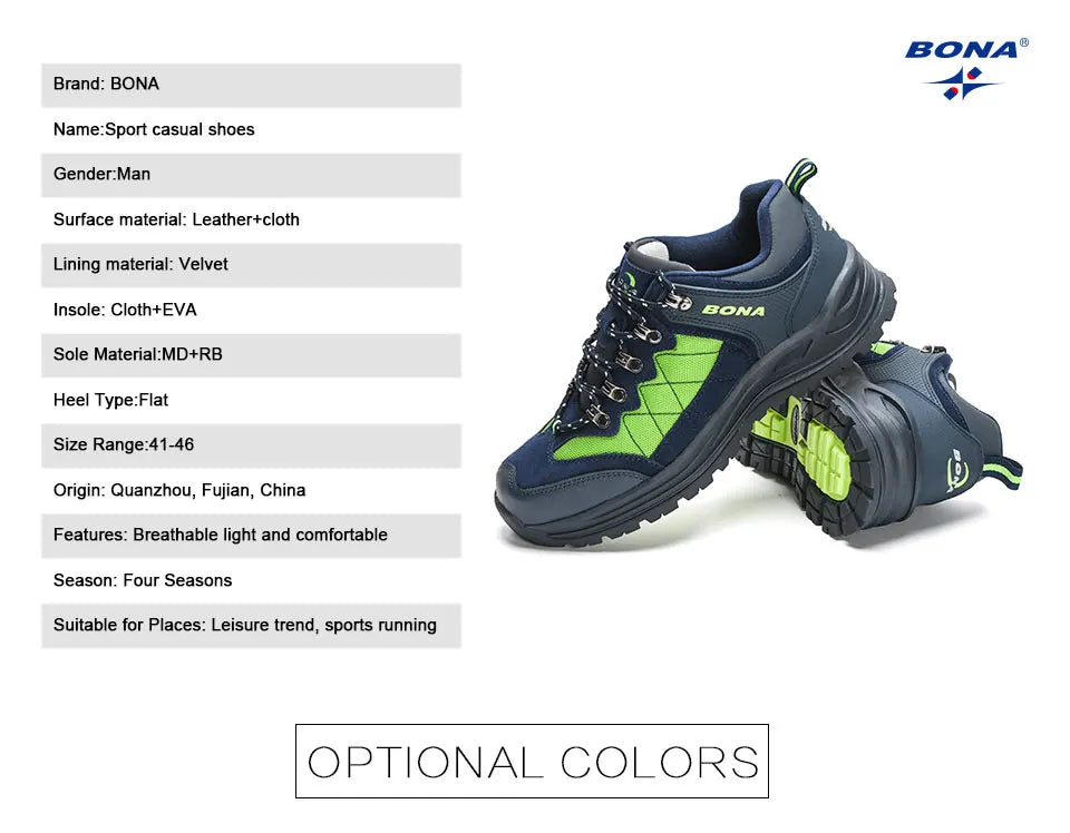 BONA 2023 New Designer Hiking Shoes Trekking Sneakers Men Walking Fishing Camping Jogging Shoes