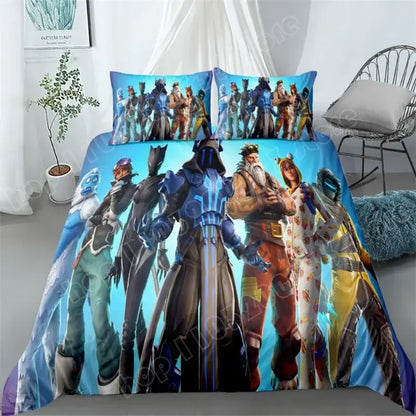 Fortnite-Bettwäsche-Set, 3-teilig, 3D-Druck, Bettwäsche für Schlafzimmer, Gaming-Cartoon-Dekor, Bettbezug und Kissenbezug, Geburtstagsgeschenk