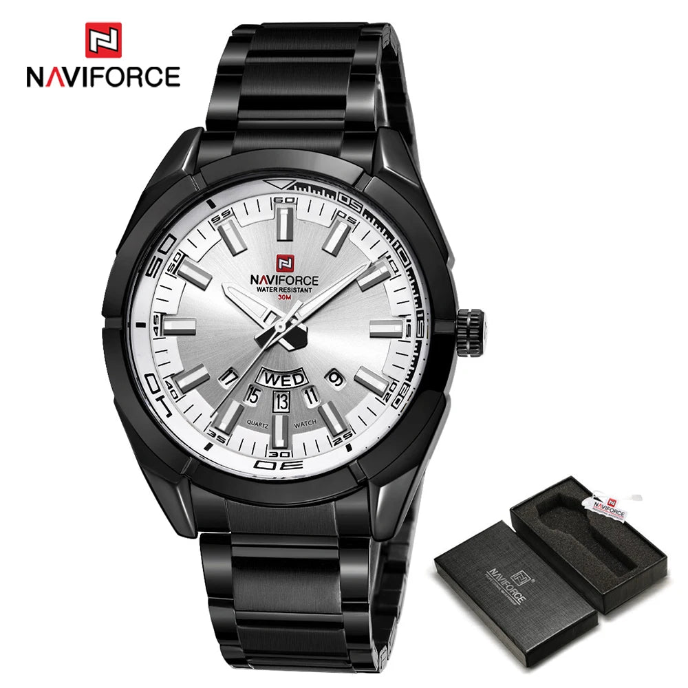 „NAVIFORCE“ vyriškas laikrodis, pagamintas iš plieno, atsparus vandeniui, kasdieniško stiliaus, su kvarciniu mechanizmu ir datos rodikliu – prabangus vyriškas rankinis laikrodis, pagamintas vienos iš pirmaujančių prekių ženklų.