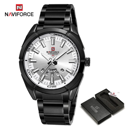 „NAVIFORCE“ vyriškas laikrodis, pagamintas iš plieno, atsparus vandeniui, kasdieniško stiliaus, su kvarciniu mechanizmu ir datos rodikliu – prabangus vyriškas rankinis laikrodis, pagamintas vienos iš pirmaujančių prekių ženklų.
