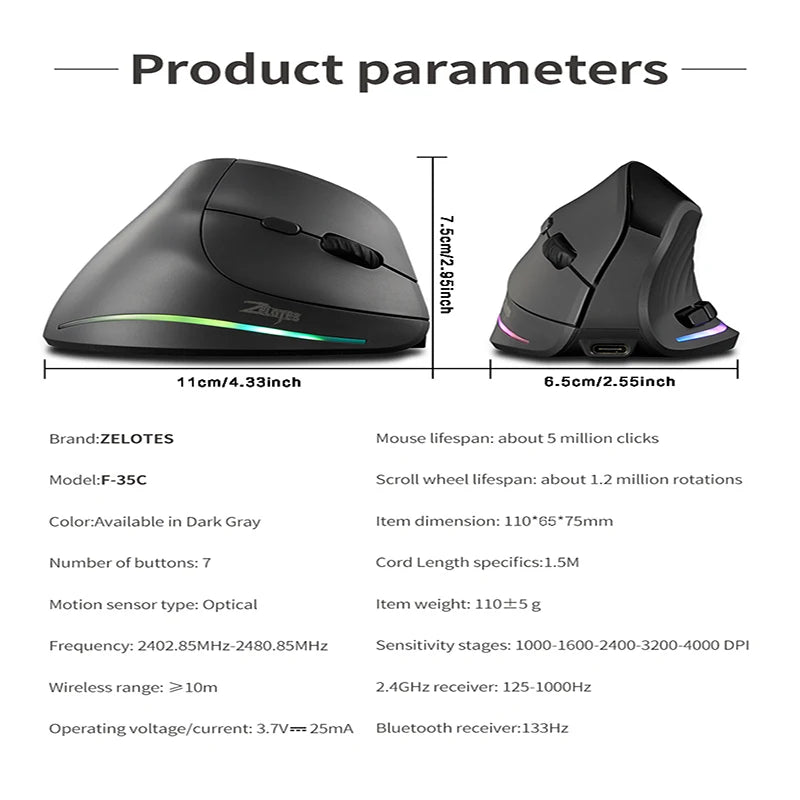 Wiederaufladbare kabellose vertikale Maus mit Display – ergonomische Maus mit 6 programmierbaren Tasten für Gaming und Desktop