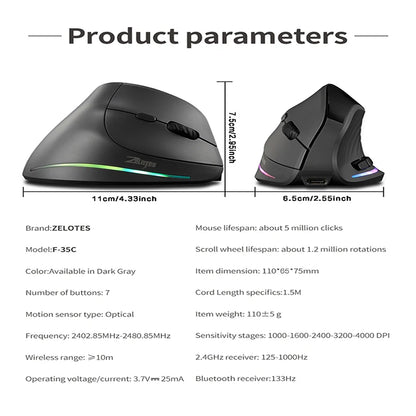Wiederaufladbare kabellose vertikale Maus mit Display – ergonomische Maus mit 6 programmierbaren Tasten für Gaming und Desktop