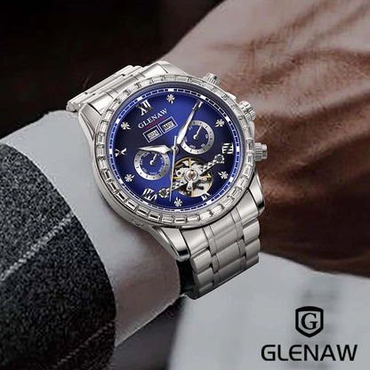 Montre mécanique multifonction GLENAW – Modèle pour homme, style business et décontracté, bracelet en acier inoxydable, étanche, avec calendrier – Montre de luxe