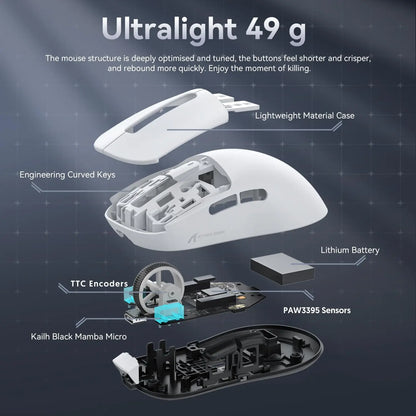Mouse gaming wireless ATTACK SHARK X3 PixArt PAW3395 49g SUPERLIGHT, BT/2.4G wireless/cablato, 6 DPI regolabili fino a 26000