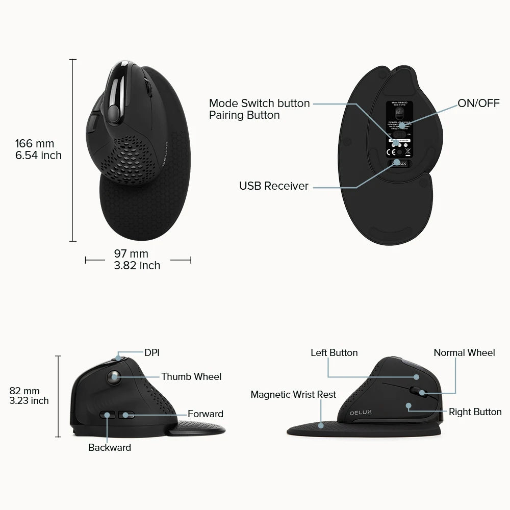 Rato Vertical Ergonómico Delux M618XSD Seeker com Ecrã OLED 4000DPI, Recarregável, 1000mA e Tampa Traseira Amovível para Computador
