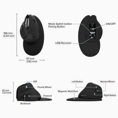 Rato Vertical Ergonómico Delux M618XSD Seeker com Ecrã OLED 4000DPI, Recarregável, 1000mA e Tampa Traseira Amovível para Computador