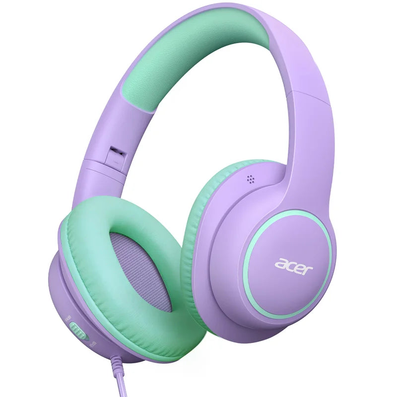 Casque filaire Acer pour enfants, idéal pour l'école, circum-auriculaire, limite de volume sécurisée 85/94 dB, prise jack 3,5 mm, casque pliable pour tout-petits garçons et filles