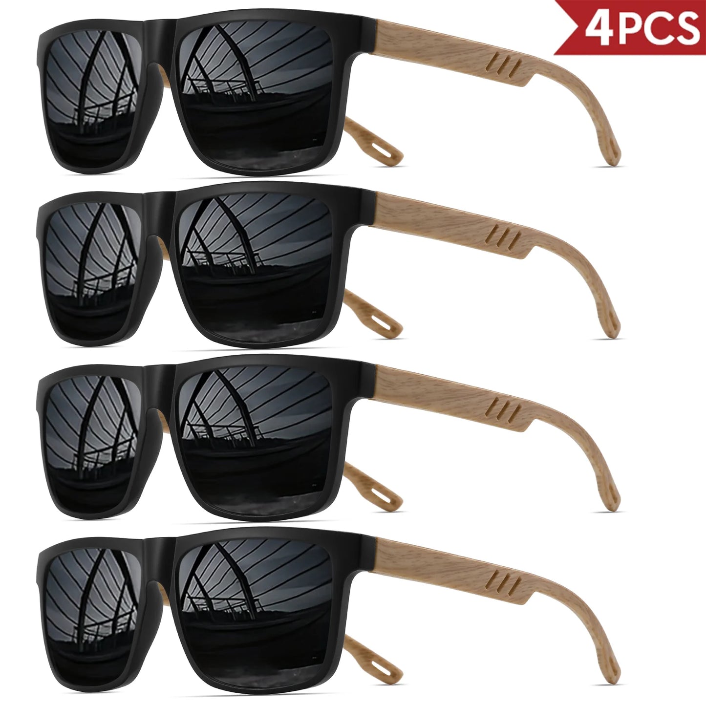 4PCS Wood Grain Spring Hinge Sunglasses - Classic Retro Square Frame, UV400 Unisex Comfort Fit for Daily Casual Wear