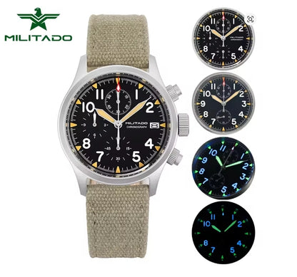 MILITADO Chronograph 39mm Watch BGW-9 Luminous Retro Military 100m Waterproof VK61 Quartz Movement Steel Vintage Men Wristwatch