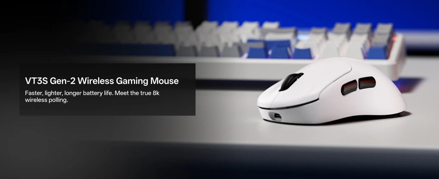 Rato Gaming Sem Fios Rapoo VT3S /VT3S MAX GEN-2, Taxa de Polling Sem Fios Real de 8K, Ultra Leve 49g, Autonomia até 750Hr
