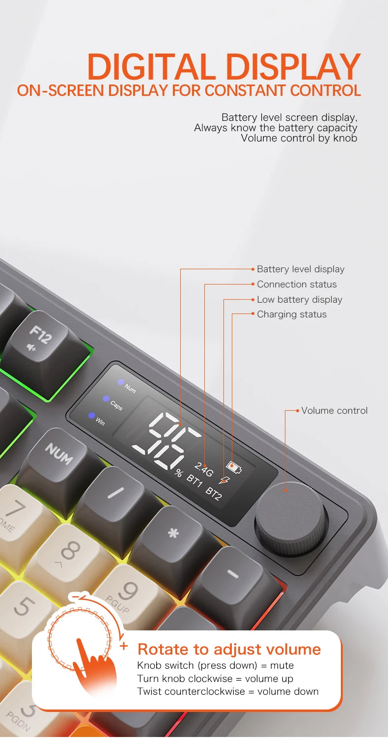 M96 Bluetooth-Tastatur Kabellose FREEWOLF Bildschirm-Gaming-Tastatur, elektronischer Bildschirm, Multi-Device-Verbindung, ergonomisches Gaming