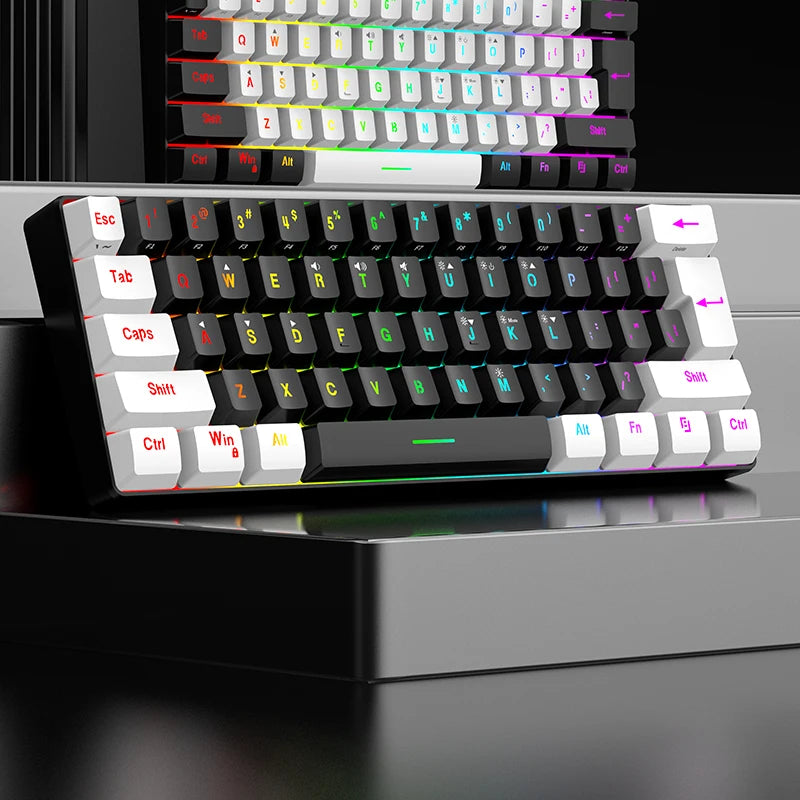 Wasserdichte mechanische 61-Tasten-Tastatur mit Kabel in Weiß, mit schwarzen und blauen Switches, RGB-beleuchtet – Gaming- und Office-Set, PUBG Gamer Backlit