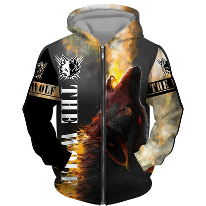 Sweat à capuz com fecho e estampado 3D de lobo, estilo streetwear, para homem/mulher, casaco com capuz unissexo casual hip-hop