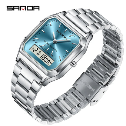 SANDA 747 Men’s & Women’s Luxury Digital Sports Watch  Stainless Steel, LED Dual Display & Waterproof