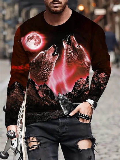 T-shirt de manga comprida para homem com novo estampado de lobo 2024, camisa casual diária de primavera e outono, moda streetwear masculina