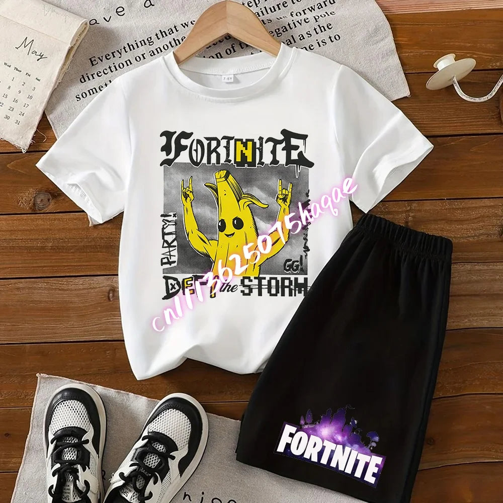 Conjunto de T-shirt e calções Fortnite Series para criança, top e calças inspirados em jogo popular, outfit de verão para casa, confortável e adorável, presente de aniversário