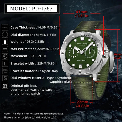 PAGANI DESIGN Men's Mechanical Watch Luxury Sapphire Glass Luminous Automatic Watch 200M Waterproof Stainless Steel Watch