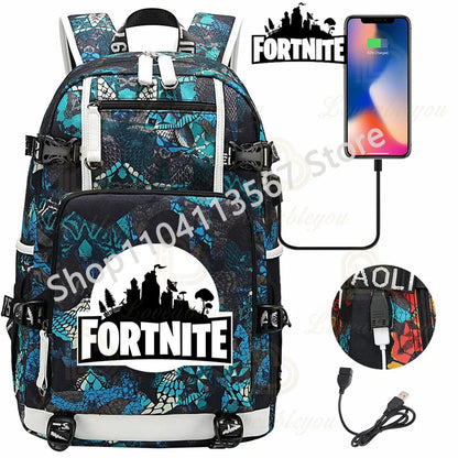 Ultima Knight F-Fortnited Battle Royale Rucksack mit USB-Ladeanschluss, Anime-Figuren und Studienfach für Schreibwaren für Schüler