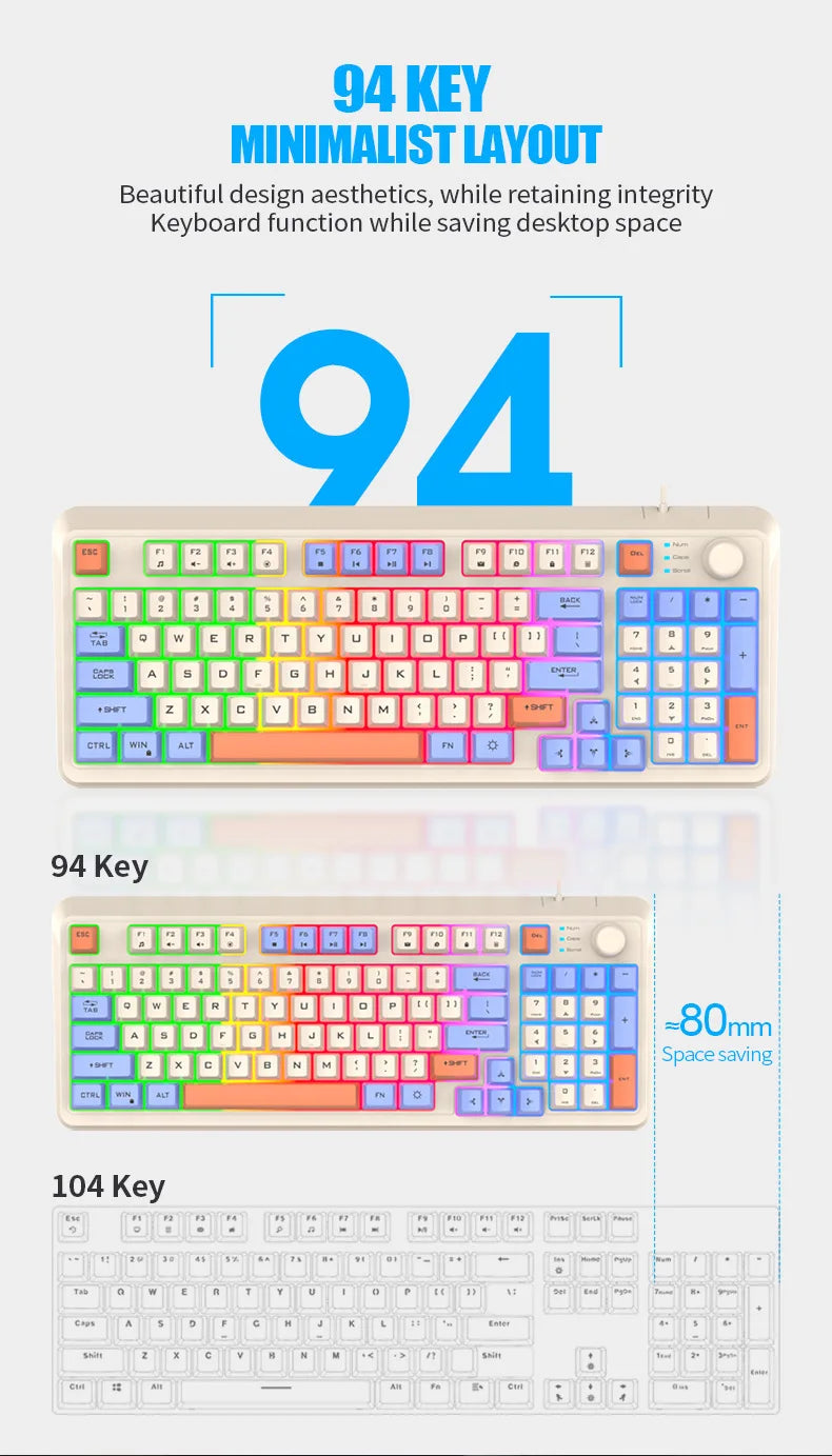 Teclado Gaming K81 com 81 Teclas, Layout 80%, Espanhol, Russo, Coreano e Árabe, USB com Fio, Luz RGB, Botão de Volume, Ergonómico