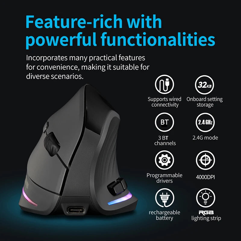 Wiederaufladbare kabellose vertikale Maus mit Display – ergonomische Maus mit 6 programmierbaren Tasten für Gaming und Desktop