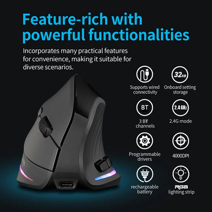 Wiederaufladbare kabellose vertikale Maus mit Display – ergonomische Maus mit 6 programmierbaren Tasten für Gaming und Desktop