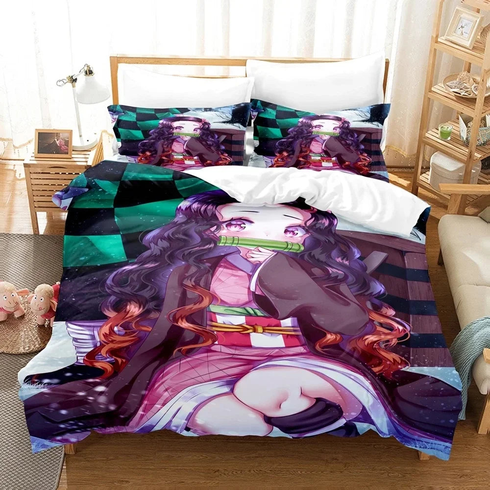 Nezuko Kamado patalynės komplektas, anime „Demon Slayer“ antklodės užvalkalas, patalynė, Single Twin Full Queen dydžiai, 3D dovana vaikams, mergaitėms ir berniukams