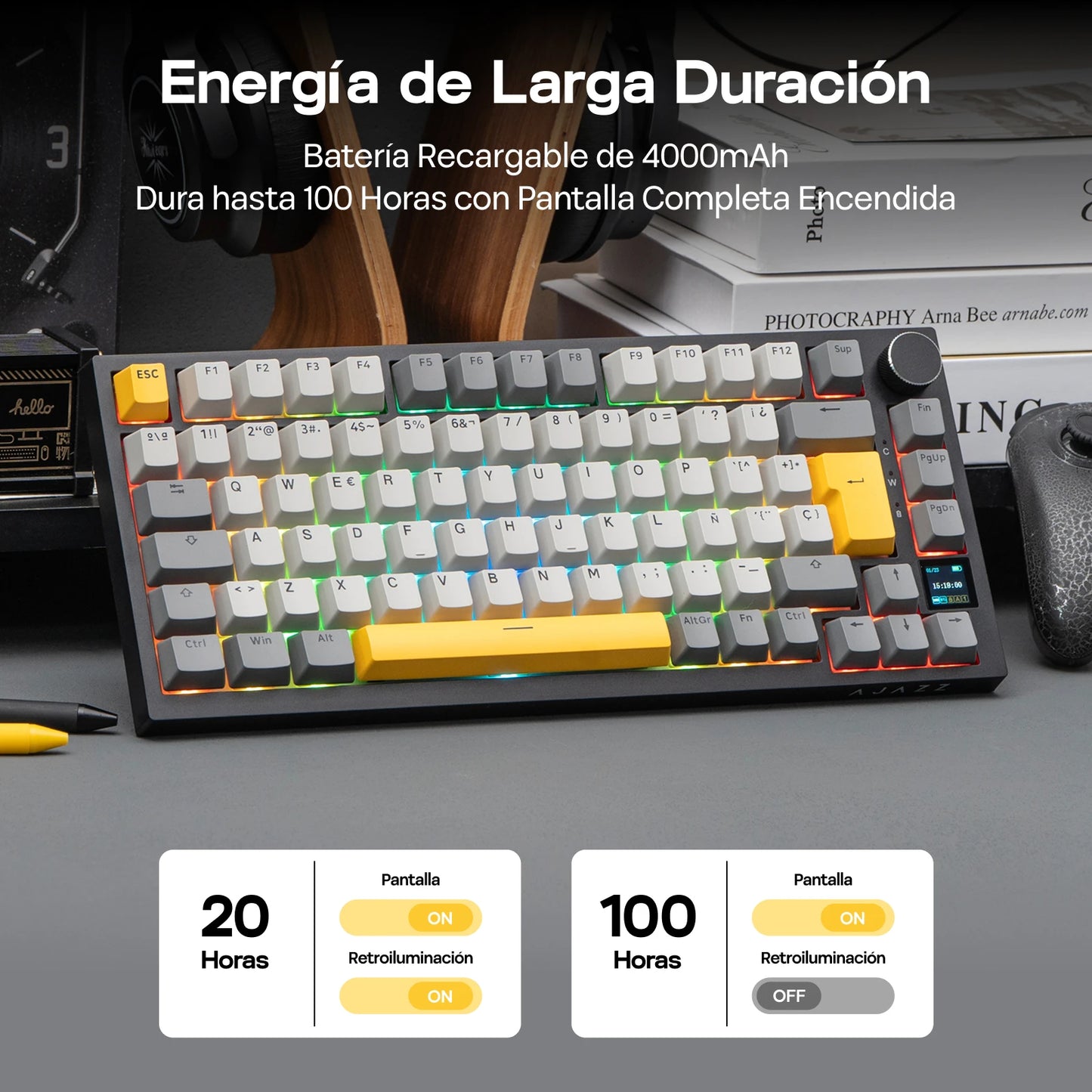 Teclado mecânico ISO-ES EPOMAKER X AJAZZ AK820 PRO 75% com layout espanhol, com fios/2.4GHz/BT, ecrã e botão rotativo para PC/Mac