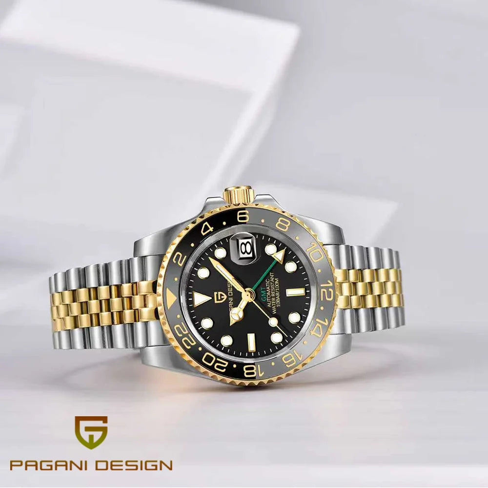 Mechanisch herenhorloge Pagani Design GMT – Luxemodel met saffierglas, roestvrijstalen kast en keramische lunette – Automatisch herenhorloge, zakelijke stijl