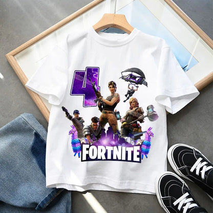 Camiseta infantil de cumpleaños Fortnite con número para niñas y niños, ropa de verano, camiseta de algodón para bebé, tops de manga corta para fiesta, regalo para niños pequeños