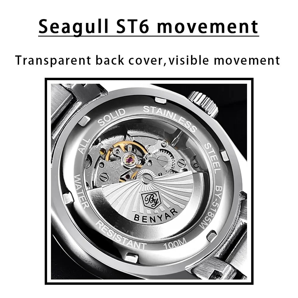 BENYAR 39mm Automatic Mechanical Watch Seagull Movt Men Stainless Steel 100M Waterproof Clock BWG-9 Luminous Reloj Hombre
