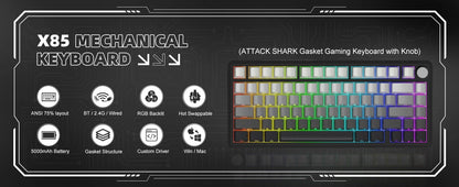 Tastiera meccanica ATTACK SHARK X85 Tri-mode Gasket 75% con manopola CNC, imbottitura a 5 strati, hot swap, retroilluminazione RGB, NKRO